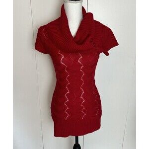 Say What ? USA Women's Short Sleeve Cowl Neck Sweater Tunic Top Size S Red Y2k